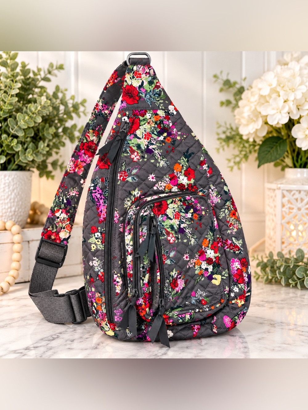 NWOT Floral Quilted Sling Backpack Crossbody Bag – Gray Multicolor